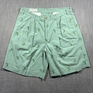 Orvis Shorts Mens 36 Green Palm Tree Embroidered Chino Pleated Casual Summer
